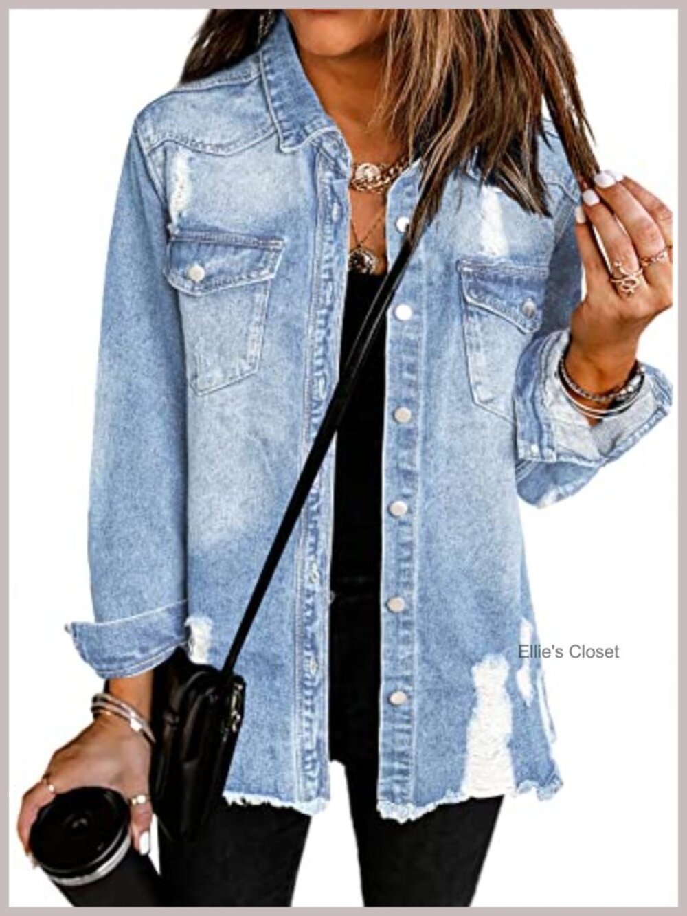 Oversized Boyfriend Denim Jacket Button Down Distressed Lightweight